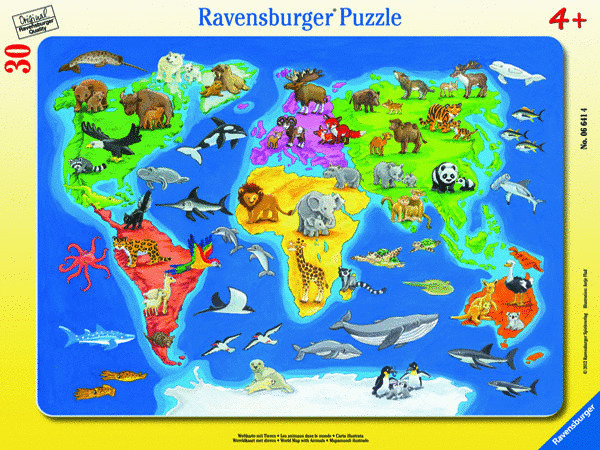 Rahmenpuzzle 30-48 T.: Weltkarte mit Tieren